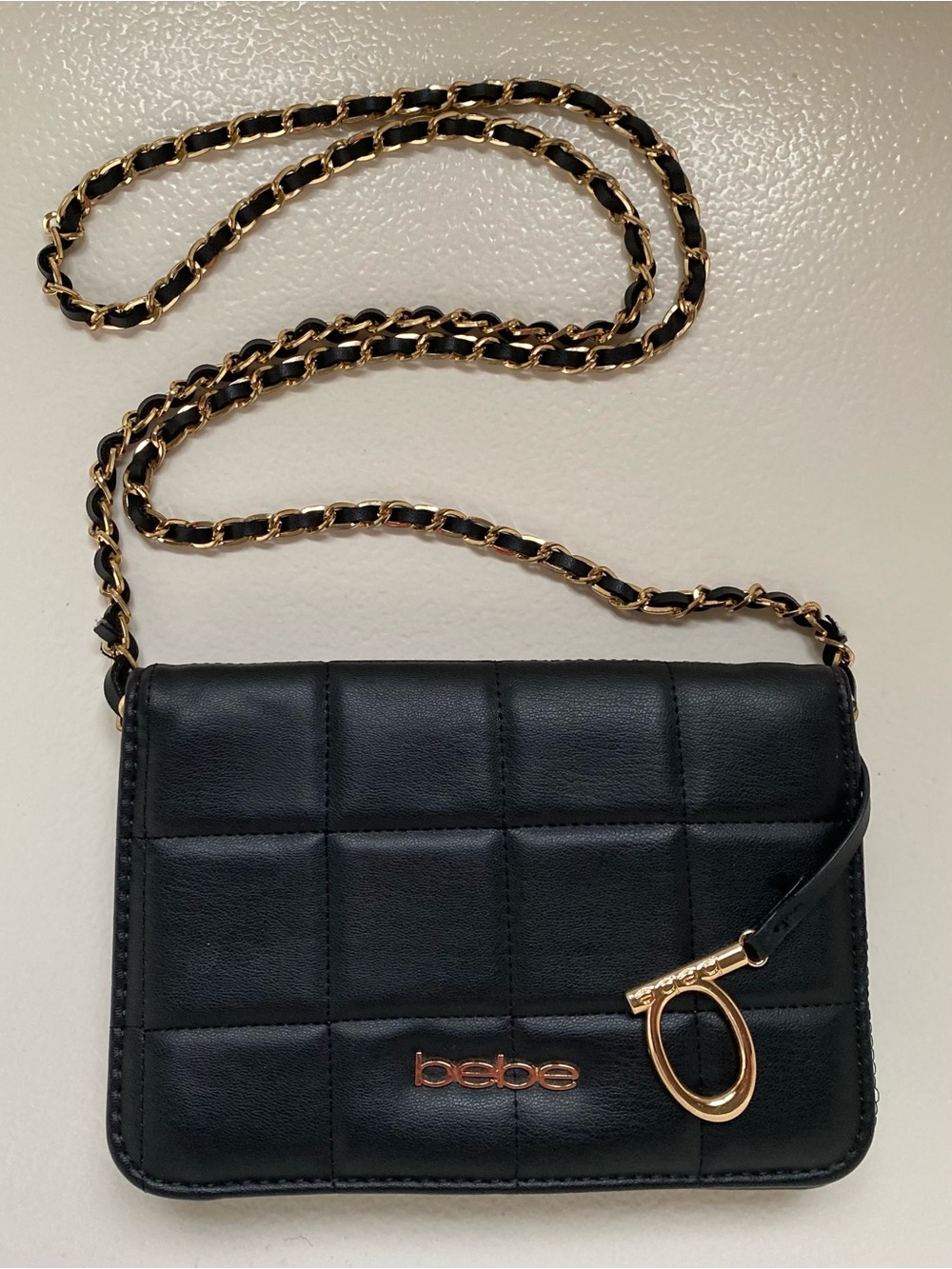 bebe Black Quilted Crossbody with Gold Chain and Charm